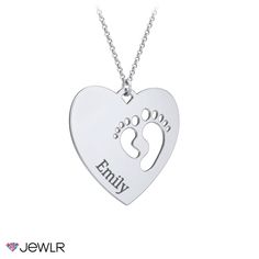 Celebrate mom and the arrival of a new baby with a one-of-a-kind keepsake! This beautiful pendant features a heart shape with two tiny feet cut out of it. This precious pendant makes the perfect gift for a baby shower, Mother's Day, or Mom's birthday. Personalize by adding an engraved name or significant date. Create yours in sterling silver, white, yellow, or rose gold with a choice of chains. Mom's Birthday, Celebrate Mom, Metal Heart, Girl Mom, Mom Birthday, Custom Boxes, Chain Pendants, New Baby