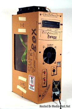 a cardboard box that has some kind of computer on it's side and is made to look like a tower