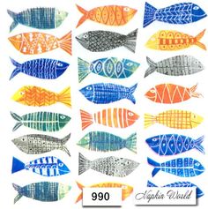 a group of fish that are painted in different colors and sizes, with the number 99 on