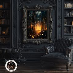 a chair sitting in front of a book shelf filled with books and a painting on the wall