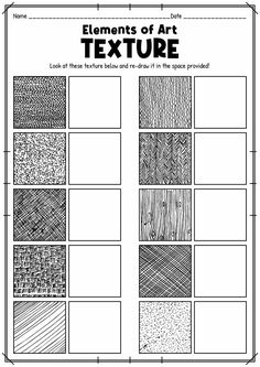 the elements of art texture worksheet is shown in black and white, with different