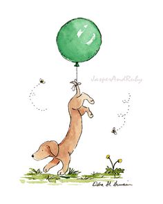 a drawing of a dog holding a blue balloon in the air with bees flying around