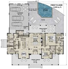 the first floor plan for a house with an indoor pool and hot tub in it