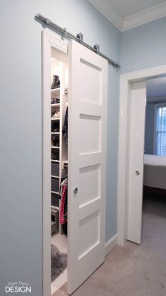 an open closet door in a bedroom with carpeted flooring and blue walls on the other side