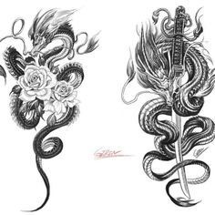 two dragon tattoos with roses and swords on the side, one is black and white