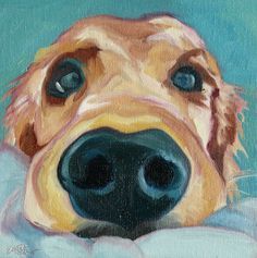 an oil painting of a dog's face with blue eyes and nose resting on a pillow