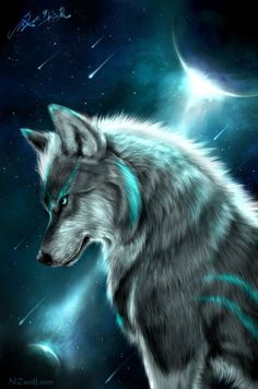 a wolf standing in the middle of a night sky