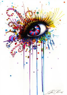 an eye with colorful paint splatters and swirls on the side, in front of a white background