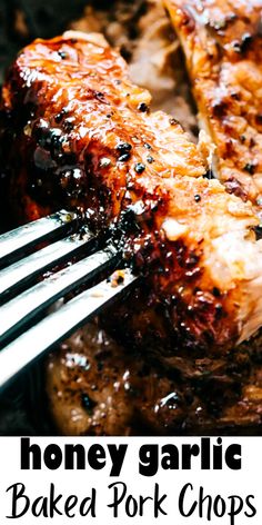 honey garlic baked pork chops on a plate with fork and text overlay that reads honey garlic baked pork chops