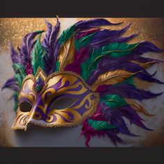 a masquerade mask with purple, green and gold feathers