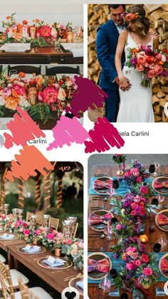 a collage of photos with different color swatches and flowers on the table, along with an image of a bride and groom