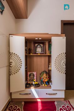 Pooja Room Cupboard Designs For Your Home Indian Dining Room Decor, Dining Room Design Indian, Room Cupboard Design, Hall Room Design, Room Cupboard, Indian Room Decor, Drawing Room Interior Design, Design Cafe, Home Decor Indian