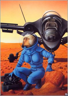 a painting of an astronaut kneeling down in front of a space shuttle on the red planet