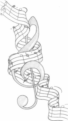 a pencil drawing of musical notes and treble