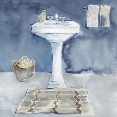 a painting of a bathroom with a sink and towel on the floor next to it