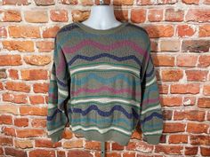 "vintage 90s women's funky textured/coogi striped sweater. This sweater has a wide collar for a slightly loose/shrug/chunky fit. Excellent lightly used condition no major issues to note MEASURES -  24\" pit to pit and 26\" long TAGGED - L My policy is NO RETURNS. If I made an error I will make it right 100% but I am not responsible if you change your mind/\"item does not fit\". PLEASE use the measurements provided if you don't know how ask me I will gladly help you :) - This is a TRUE VINTAGE item! Vintage clothing sizing varies wildly ALWAYS use the measurements and info provided in the listing to assure proper fit! The item is decades/years old and will have signs of wear/age/etc so please read the description! ** Why buy from VINTAGE ASSAULT? Because I have sold THOUSANDS of items to TH Funky Style, Pastel Stripes, Star Sweater, Style Sweater, Pullover Sweater Women, Striped Sweater, Women Pullover, True Vintage, Stripe Sweater