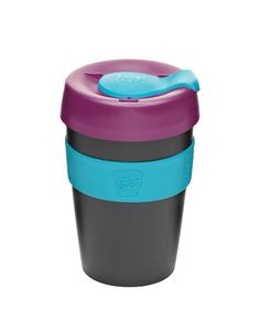 the keepcup is shown with a blue lid and purple trim