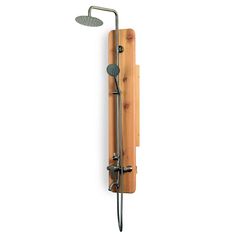 a wooden wall mounted shower head and arm