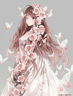 a girl with long hair and flowers in her hair