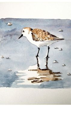 a painting of a bird standing in the water