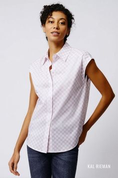 Simplicity is key with our new Cap Sleeve Shirt in a favorite lavender print. Made in our Checkerboard printed cotton, this style is the cool way to say "casual." Pair with your favorite white slim bottoms for a fresh look, whether you're running to the office or grabbing lunch with the girls. Our summer 2023 fashion collection is available now!