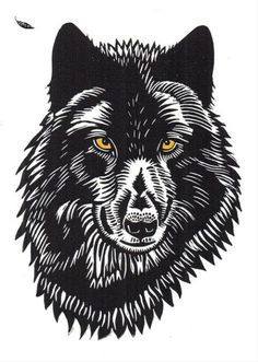 a black and white drawing of a wolf's head with yellow eyes on a white background