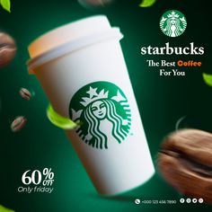 starbucks coffee cup with leaves and nuts on green background for the best coffee for you