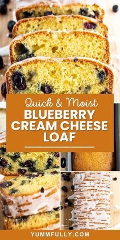 blueberry cream cheese loaf is cut into slices