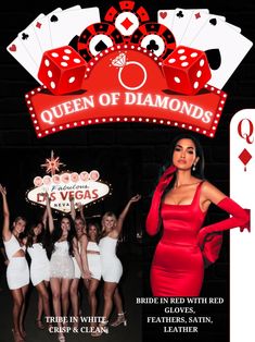 the poster for queen of diamonds featuring women in white dresses and red heels holding cards