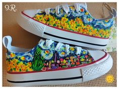 ------ SIZE & DETAILS ------- Shoes are hand-painted with professional water resistant textile paint  Pictures of shoes are NOT "Converse Shoes". These are only common canvas shoes, which are like Converse but not Converse! BEFORE SELECTING YOUR SIZE, PLEASE MEASURE YOUR FOOT FROM THE HEEL TO THE LONGEST TOE. IF YOU ARE NOT SURE OF RIGHT SIZE JUST CONTACT ME, I'LL BE HAPPY TO HELP YOU. Each pair is unique.  All shoes are designed and hand painted by Irena Ruzhinova. This is not a print, not applique and factory design. It's 100% handmade! About the Paints: I paint with high quality acrylics for fabric and can be applied directly on the canvas. More than anything, this kind of paint can be waterproof, permanent, light-fast. DIFFERENT SIZES FOR WOMEN'S FOOTWEAR: EU size 36 - US size ≈ 5,5 - Unique Converse, Canvas Shoes Diy, Night Shoes, Paint Pictures, Textile Paint, Etsy Ideas, Hand Painted Shoes, Factory Design, Sneakers Athletic