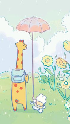 a giraffe holding an umbrella in the rain next to a small toy dog