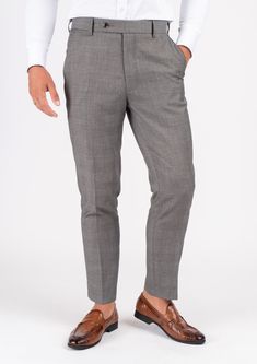 Spanish Grey Prince Of Wales Pants - SARTORO Gray Fitted High-waisted Pants, Fitted Gray High-waisted Pants, Gray Slim Fit Straight Pants, Gray Slim Fit Ankle-length Pants, Gray Slim Fit Ankle-length Bottoms, Gray High-waisted Business Pants, Fitted Gray Chinos With Tapered Leg, Classic Gray Slim Fit Bottoms, Fitted Gray Chinos For Work