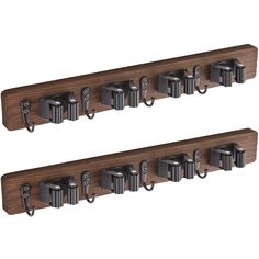 two wooden shelfs with metal hooks on them