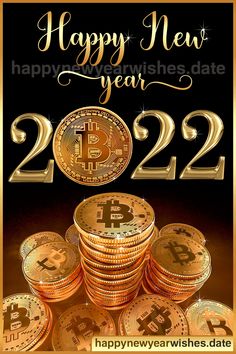 some gold bitcoins are stacked on top of each other with the words happy new year