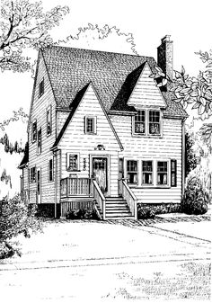 a black and white drawing of a house with stairs leading up to the front door