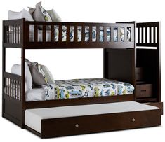 a bunk bed with drawers underneath it and a mattress on the bottom shelf next to it