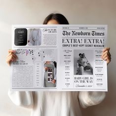 a woman holding up a newspaper with photos on it