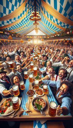 a large group of people sitting at a table with beer