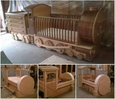 the baby crib is made out of wood and has wheels