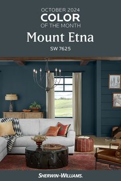 the color of the month mount etna is shown in this living room with blue walls and