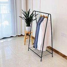 a clothes rack with two shirts hanging on it and a potted plant next to it