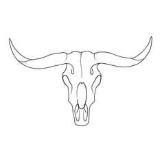 a bull's skull with long horns is shown in black and white on a white background