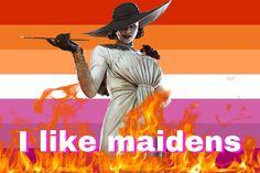 an image of a woman holding two knives in front of fire with the words i like maidens on it