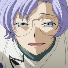 an anime character with purple hair and glasses looking at the camera while he's staring straight ahead