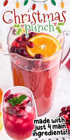 an advertisement for christmas punch with oranges and cranberries in the pitcher next to it