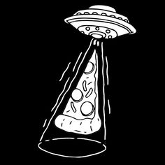 an alien spaceship flying through the sky over a pizza slice in a glass jar with olives on it