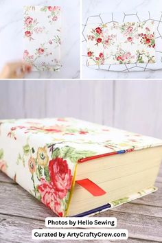 an open book with flowers on it sitting on top of a wooden table next to other pictures