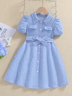 Amazon.com Blue Doll Collar Summer Dress, Blue Summer Dress With Doll Collar, Blue Collared Dress With Ruffles, Cute Collared Summer Dress, Blue Puff Sleeve Dress For Dress-up, Short Sleeve Dresses With Buttons, Cute Blue Dresses With Buttons, Cute Blue Dress With Buttons, Summer Doll Collar Dress With Buttons