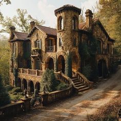 an old stone house with stairs leading up to it