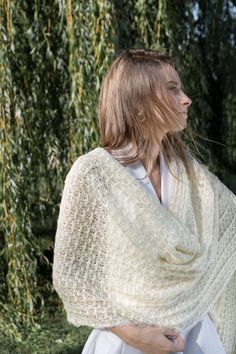 "The ivory bridal shawl with gold yarn knit for the bride as a wedding warmer lace stole. Ivory mohair scarf excellent cooler day wedding cover up, evening shawl can be a gift for the bridesmaid, or gift for the bride, girlfriend, mom, grandma. This scarf is knit from mohair with gold thick yarns and can be like a sweater or jacket. *Scarf size about - 28.3\"x78.7\" / 72x200cm *Mohair, merino wool, gold lurex *Color - ivory *Care - recommendable hand wash *Please write to me if you are intereste Gold Yarn, Linen Shawl, Mohair Scarf, Evening Shawls, Bridal Shawl, Linen Scarves, Ivory Bridal, Wedding Shawl, Wedding Linens